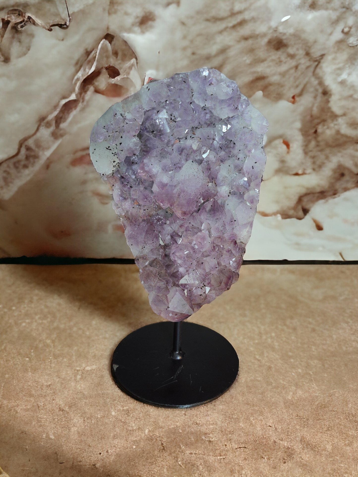 Pinkish Purple Amethyst cluster geode on Stand for healing and home decor.