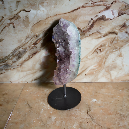 Pinkish Purple Amethyst cluster geode on Stand for healing and home decor.