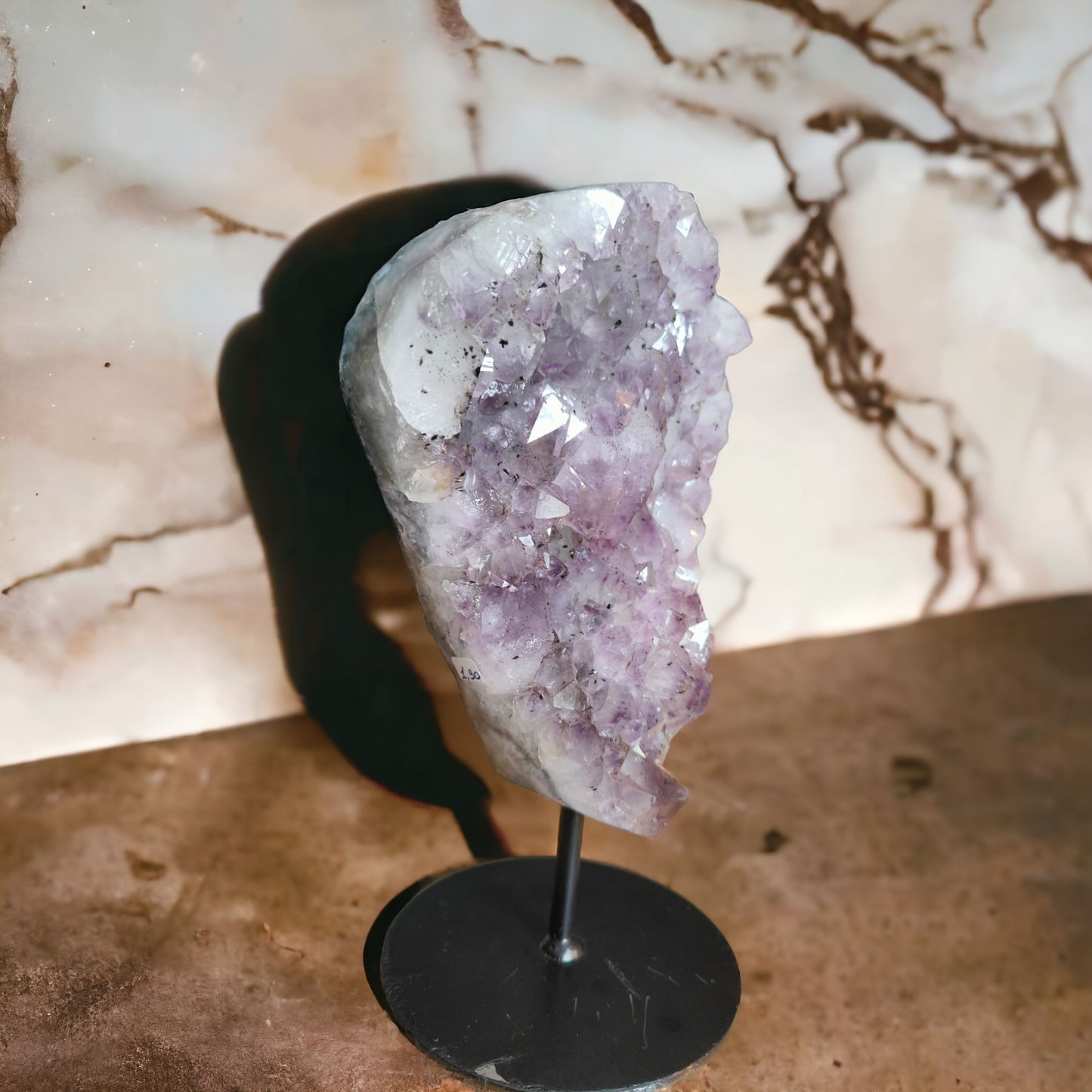 Pinkish Purple Amethyst cluster geode on Stand for healing and home decor.