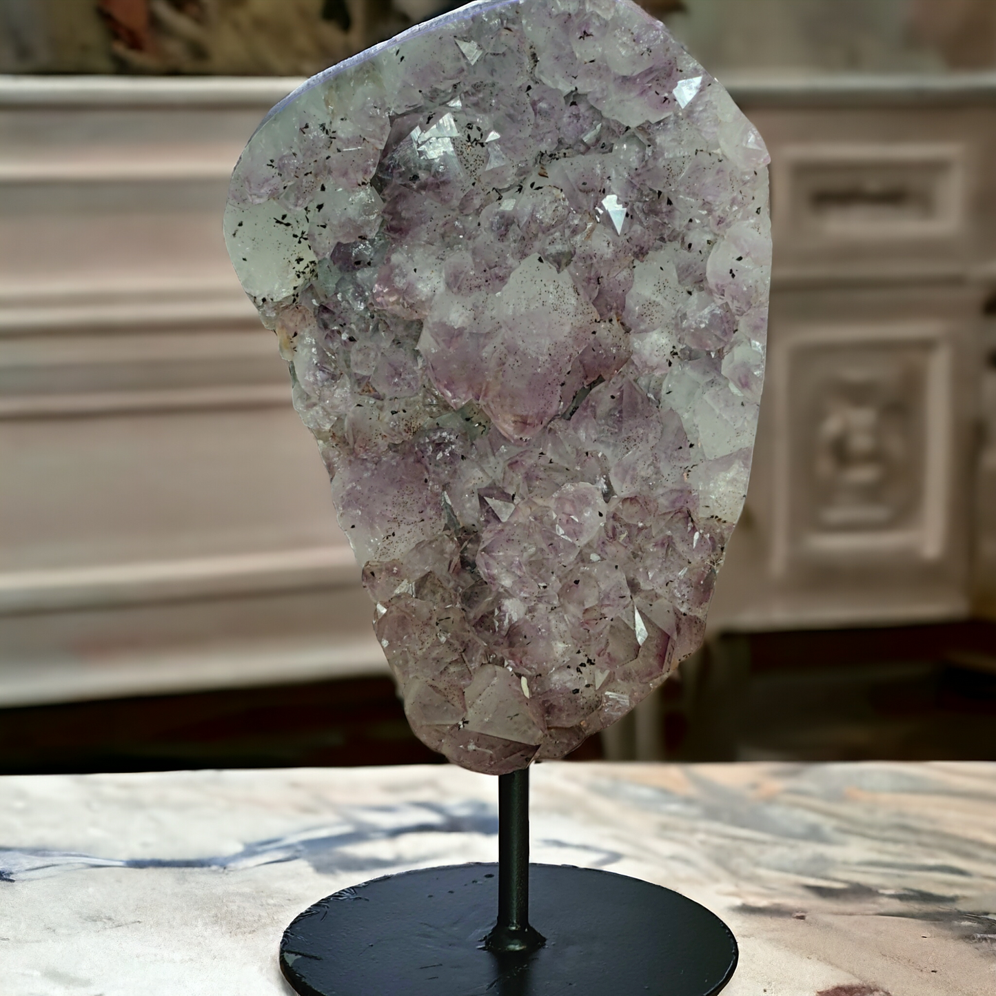 Pinkish Purple Amethyst cluster geode on Stand for healing and home decor.