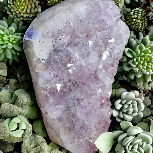 Pinkish Purple Amethyst cluster geode on Stand for healing and home decor.